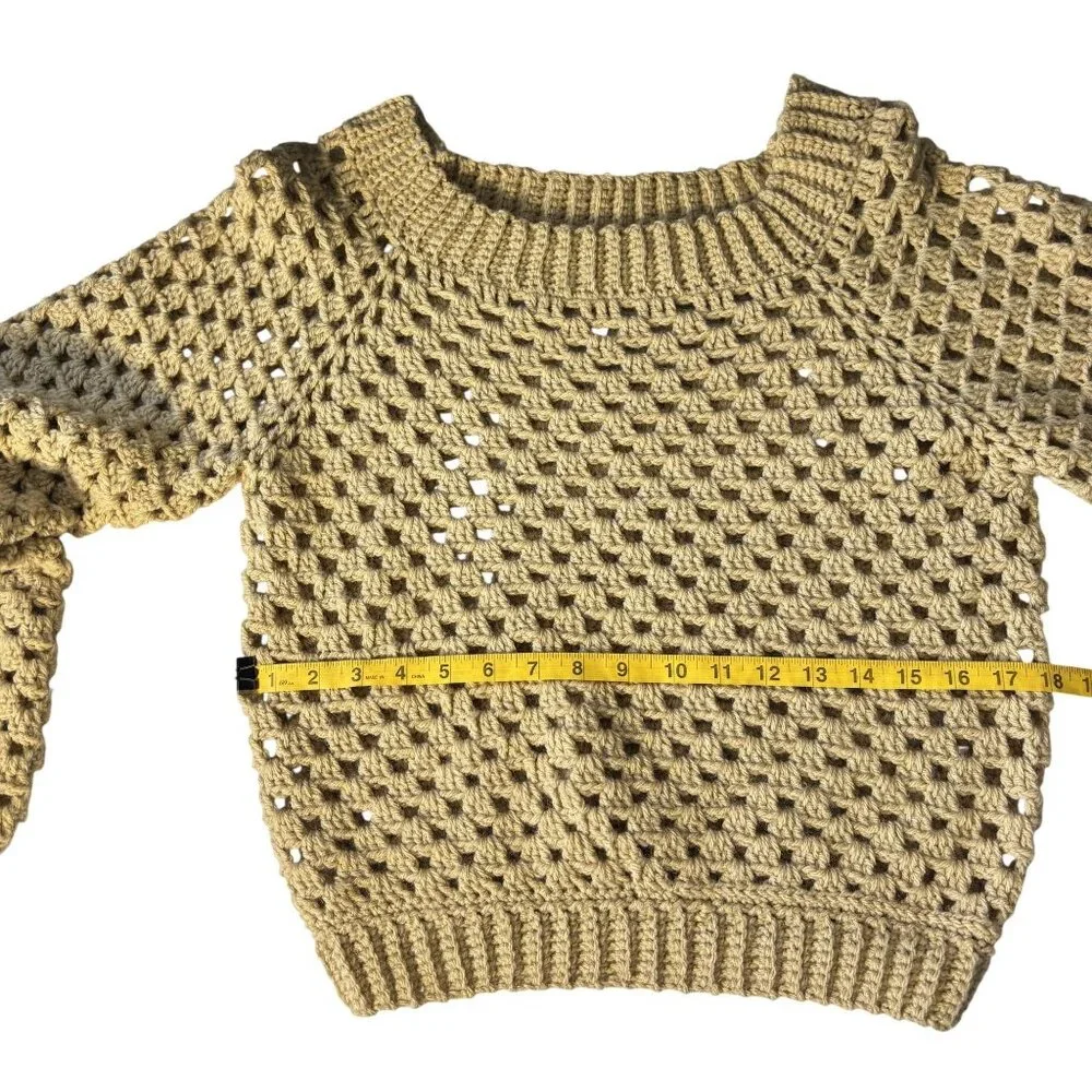Handmade Crochet Open-Knit Beige Sweater With Ribbed Collar & Cuffs - Picture 7 of 9